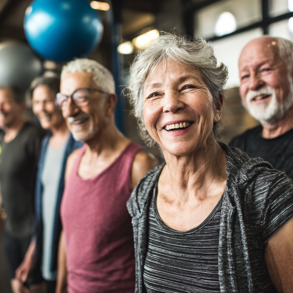 Group of mature adults enjoying fitness activities together in supportive community environment