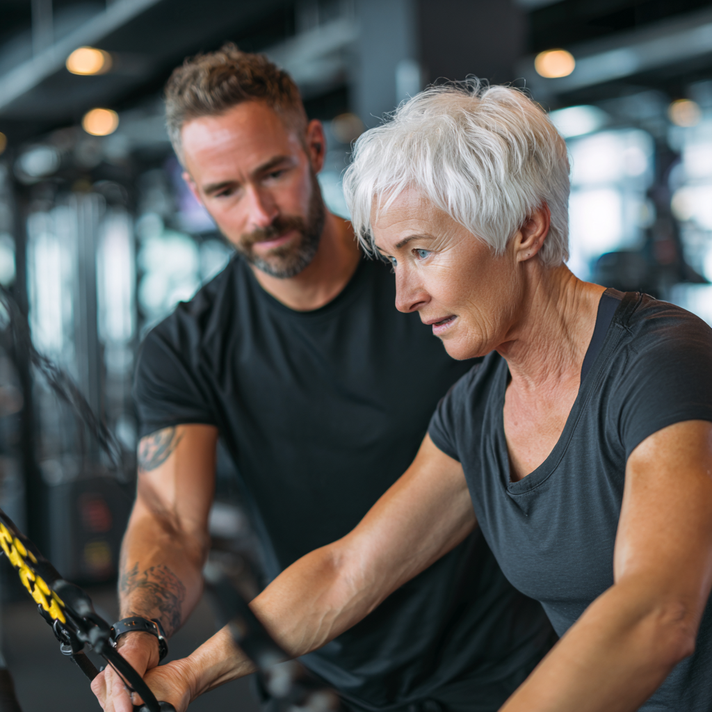 Professional fitness trainer working with mature adult client in modern gym environment